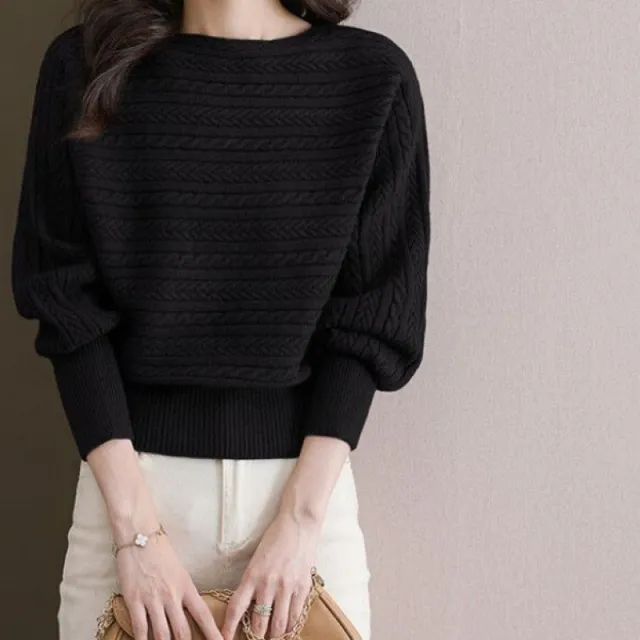 Autumn And Winter Boat Collar Loose fitting Batwing Sleeve Shirt Knitted Top Black - Shop at LoveMi