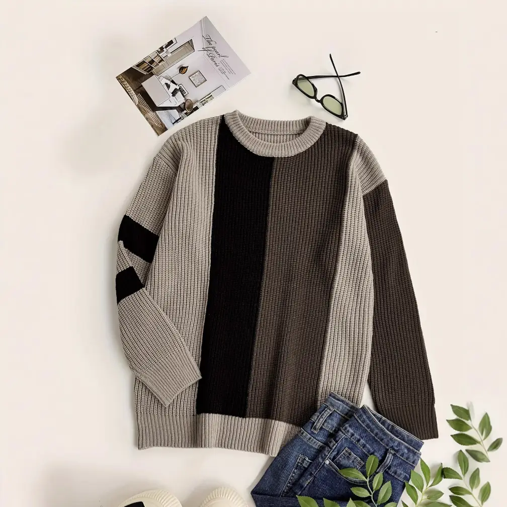 Contrast Color Fashion All-match College Style Round Neck Pullover Men's Sweater