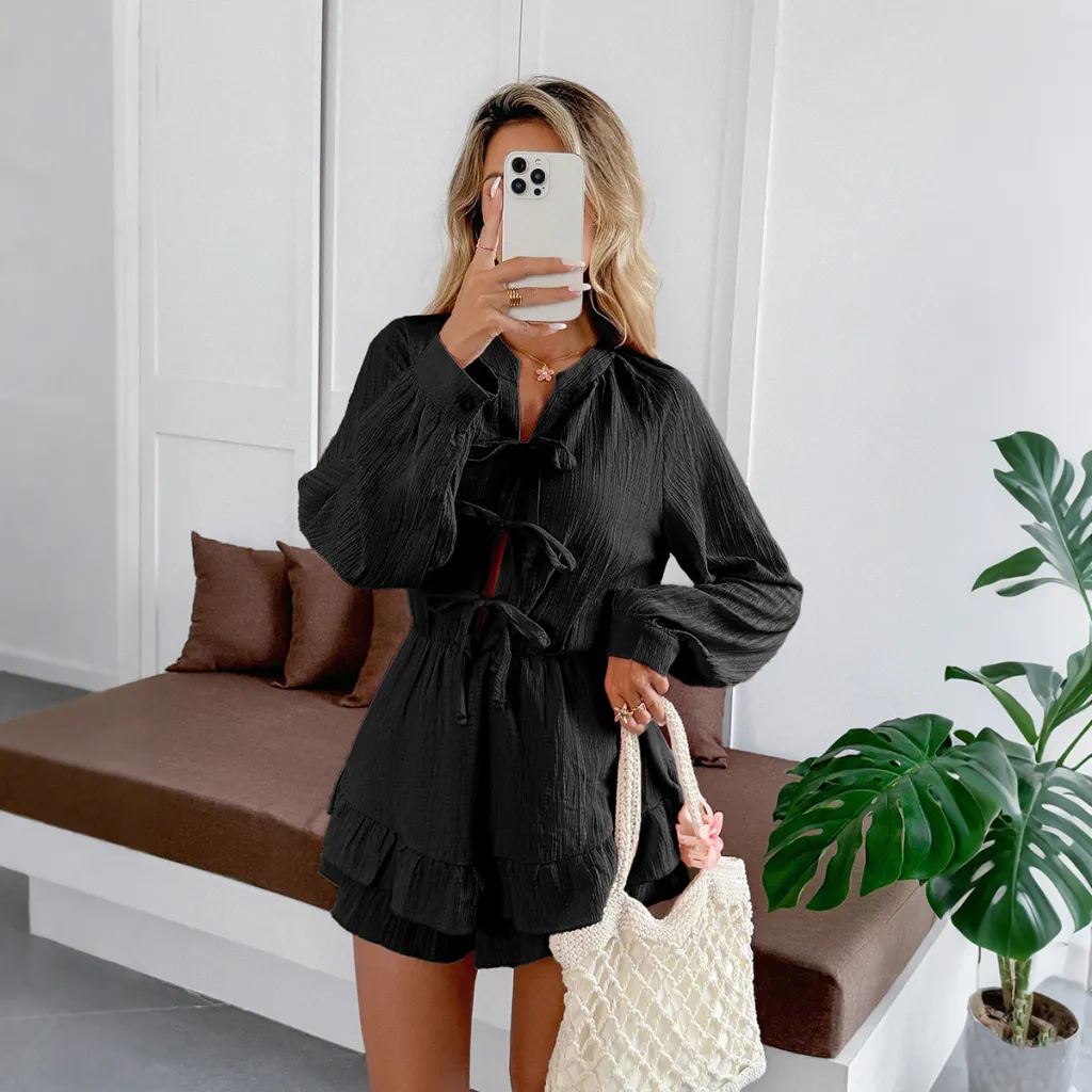 European And American Leisure Simple Style Lace-up T-shirt Shorts Women's Jumpsuit - Black