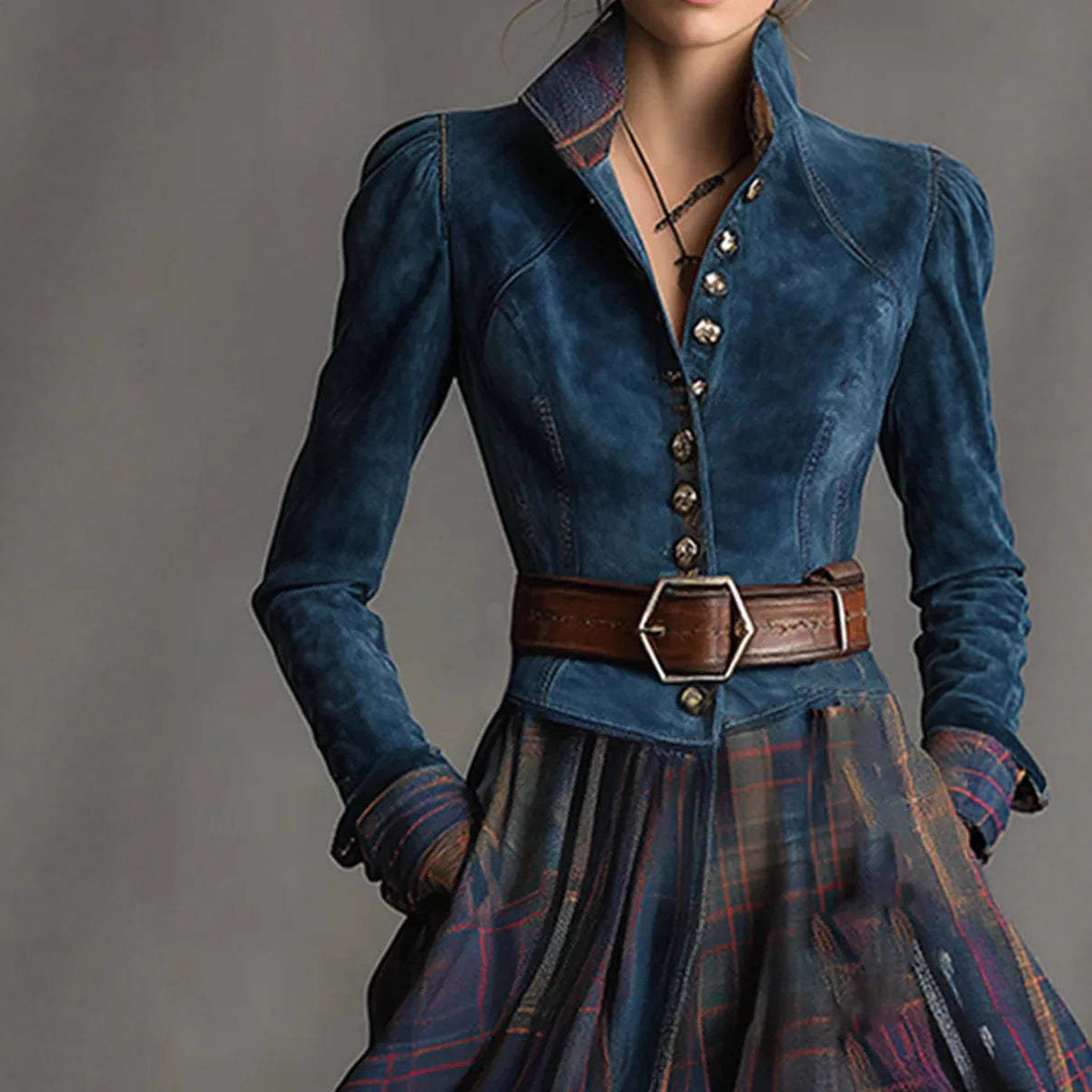 Denim like Suede Patchwork Plaid Long sleeve Dress Navy - Shop at LoveMi