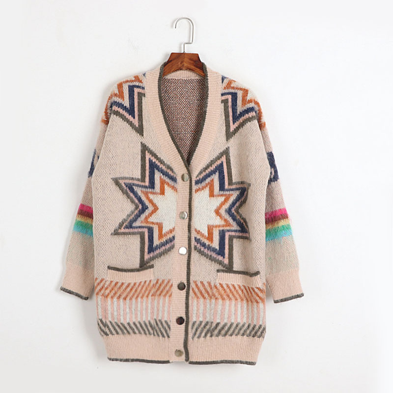 Geometric Diamond Contrast Color Loose Mohair Knitted Cardigan Sweater Coat Coffee - Shop at LoveMi