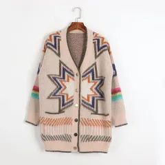 Geometric Diamond Contrast Color Loose Mohair Knitted Cardigan Sweater Coat - Coffee - View 1