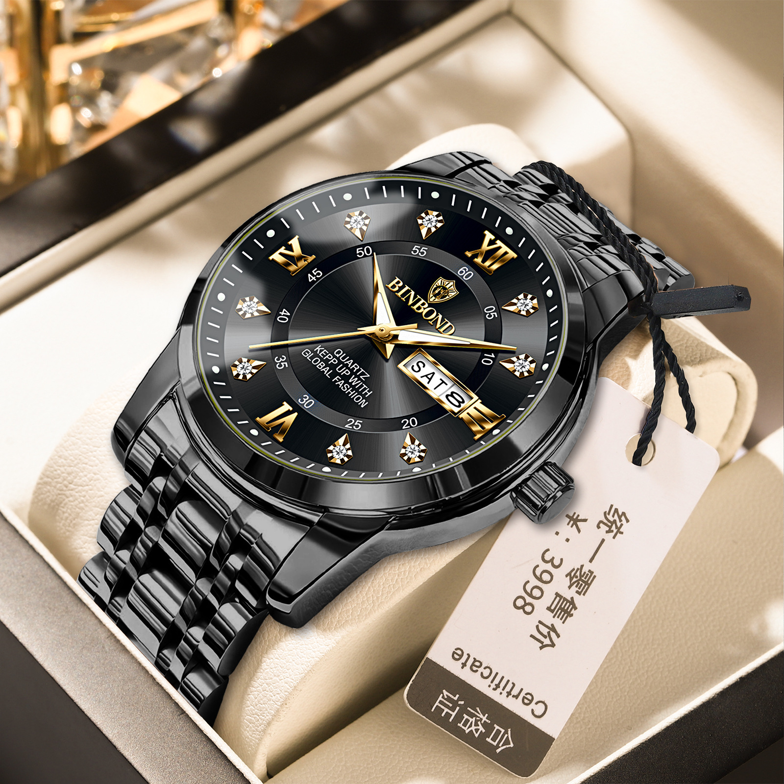 Binbang Business Light-Luxury Quartz Watch For Men Black Steel Gold Nail Men's Style
