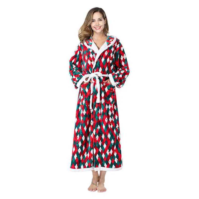 Christmas Plaid Hooded Bathrobe Long Sleeve Flannel Robe