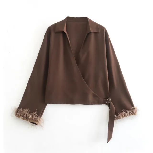 Fashion Women's Wear Cuff Feather Trim Short Silk Satin Shirt Picture Color S - Shop at LoveMi