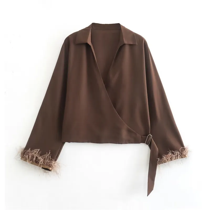 Fashion Women's Wear Cuff Feather Trim Short Silk Satin Shirt - Picture Color-S