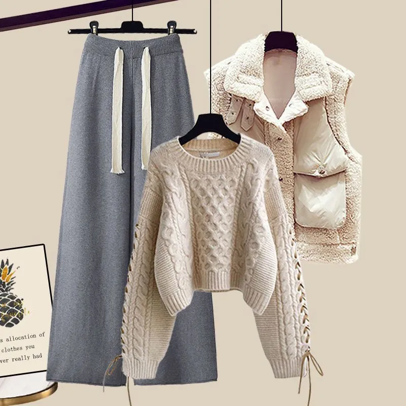 Women's Autumn And Winter Thickened Vest All-matching Knitted Sweater Wide Leg Pants Three-piece Suit - Style3