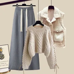 Women's Autumn And Winter Thickened Vest All-matching Knitted Sweater Wide Leg Pants Three-piece Suit - Style3 - View 1