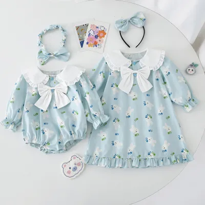 Blue With Long Sleeves Onesie Girls Dress
