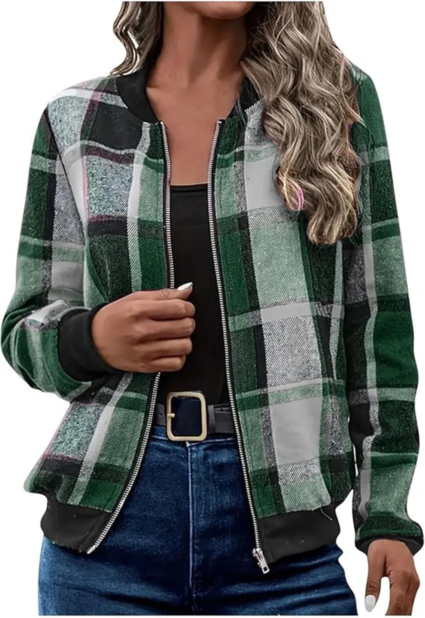 Temperament Commute Women's Plaid Zipper Baseball Uniform - Green