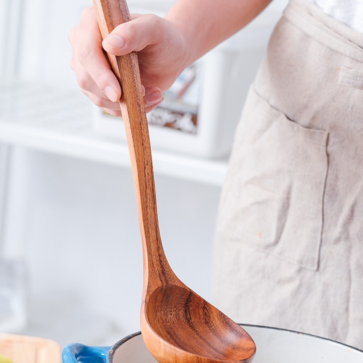 Teak Spatula With Long Handle Solid Wood Ladle Soup Spoon And Strainer
