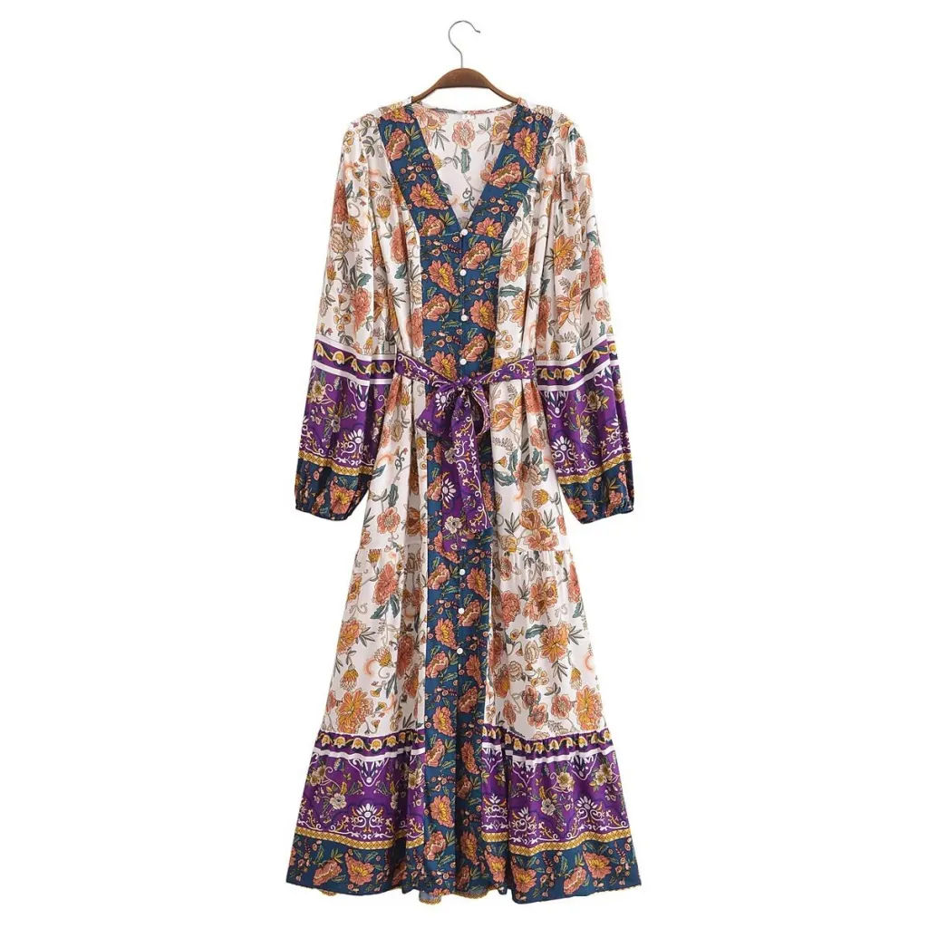 Rayon Watermark Positioning Flower Belt Dress - 8860 Color