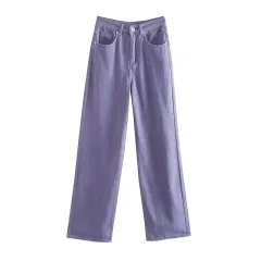 Women's High Waist Colorful Jeans Loose Slimming Wide Leg Pants - Violet - View 1