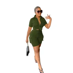 Urban Style Shirt Short Sleeve Shorts Solid Colour Two-piece Set - Army Green - View 1