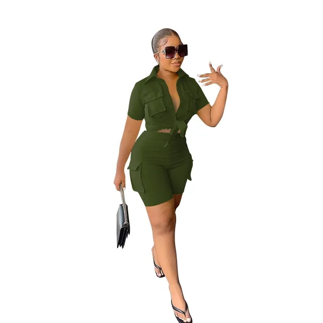 Urban Style Shirt Short Sleeve Shorts Solid Color Two piece Set Army Green - Shop at LoveMi