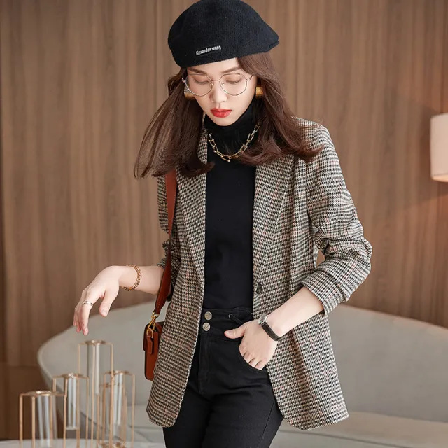 Women's Retro Long sleeved Houndstooth Suit Jacket Brown - Shop at LoveMi