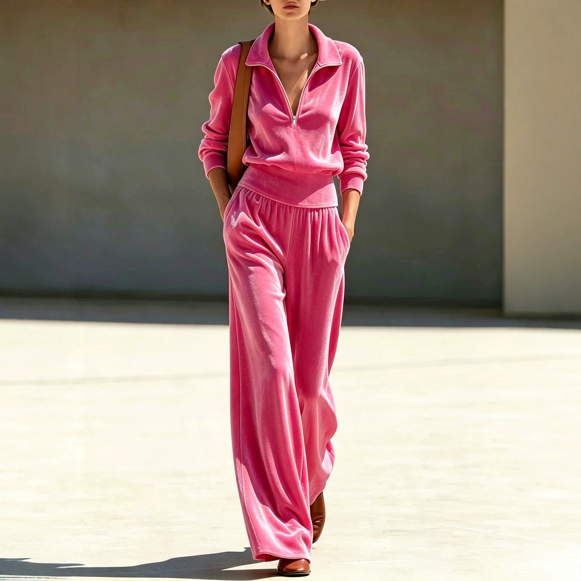 Retro Minimalist Half-zip Solid-color Pullover Top And Wide-leg Pants Set