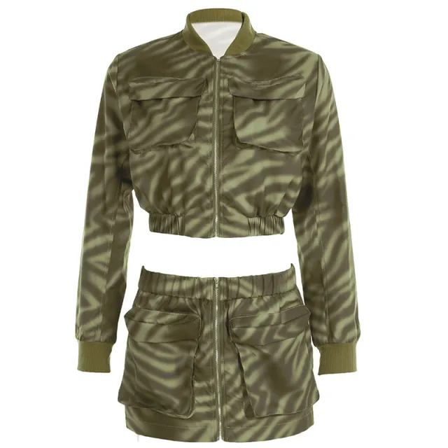 Camouflage Printing Stitching Multi pocket Zipper Two piece Set Suit S - Shop at LoveMi