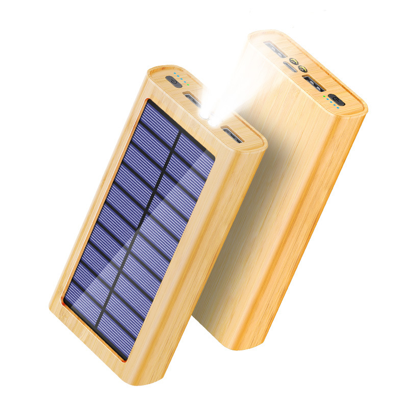 Solar-powered Wood-grain Power Bank Outdoor Portable Charger With LED Light 6