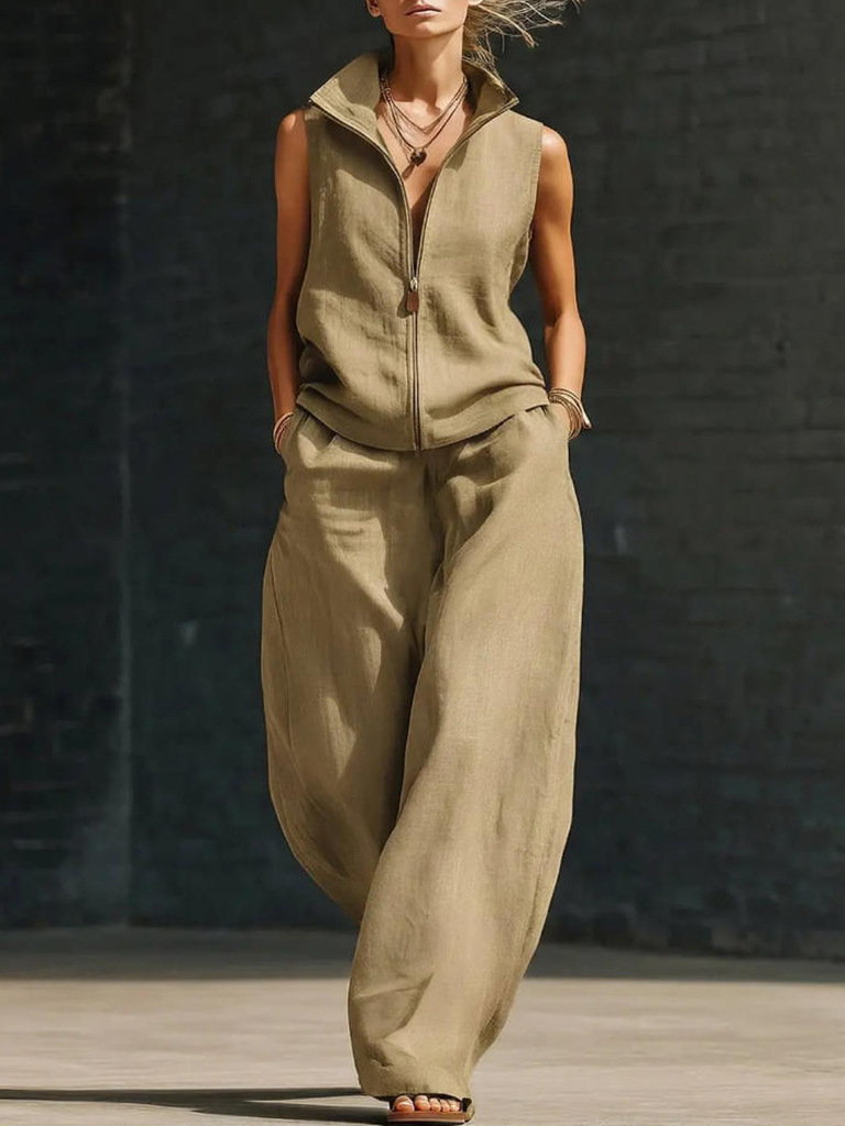 Sleeveless Stand Collar Linen Cotton Two-Piece Set | Relaxed Fit — view 8