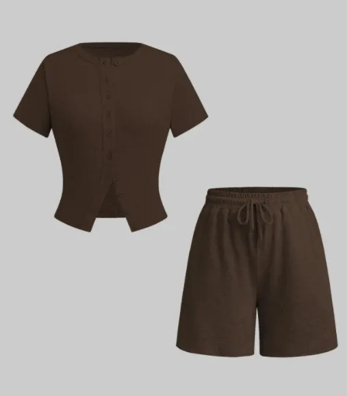 Women's Sexy Slim fit Short Sleeve Blouse And Pants Brown - Shop at LoveMi