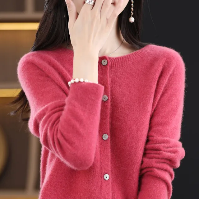 Women's Cashmere Cardigan O neck Loose Sweaters Top Fashion Merino Wool Knitwear Autumn Winter Female Clothing Tops Raspberry Red - Shop at LoveMi