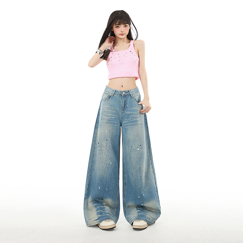 Splash-dye Light Blue Wide-leg Jeans