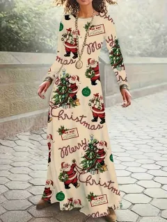 Santa Claus Printed Round Neck Long Sleeve Elegant Dress - Beige - View 1