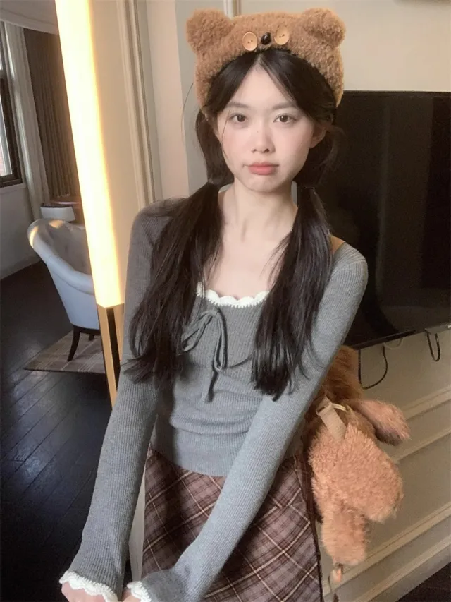 Women's Slim fit Lace Up Bow U neck Bottoming Shirt Top Gray - Shop at LoveMi