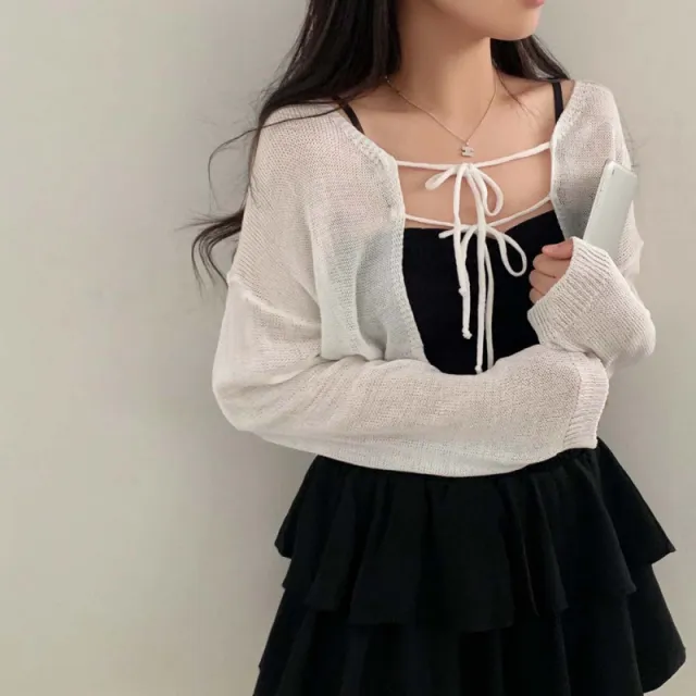 Shawl Tie front Top Korean Style Solid Color Sweater White - Shop at LoveMi