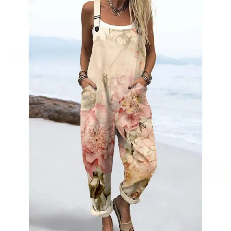 Women's Summer Digital Printing Button Casual Suspender Trousers - Tjrjddk025