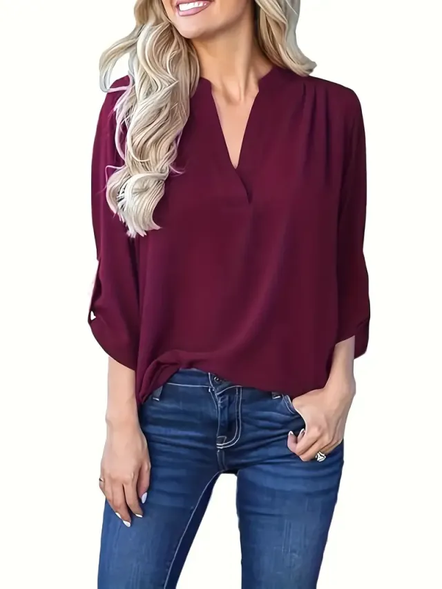European And American Spring And Autumn V neck Shoulder Pleated Long Sleeve Chiffon Shirt Wine - Shop at LoveMi