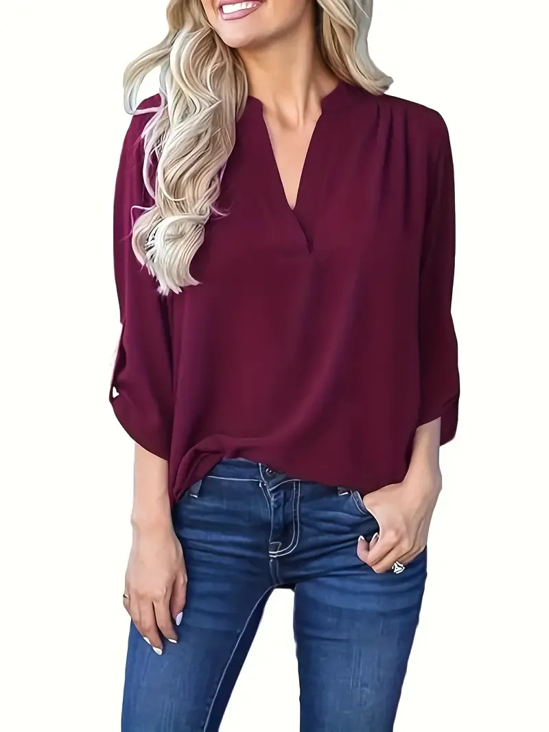 European And American Spring And Autumn V-neck Shoulder Pleated Long Sleeve Chiffon Shirt - Wine