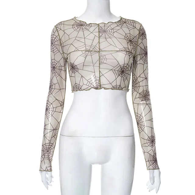 Autumn New Round Neck Pullover Mesh Floral Print Navel Top Brown - Shop at LoveMi