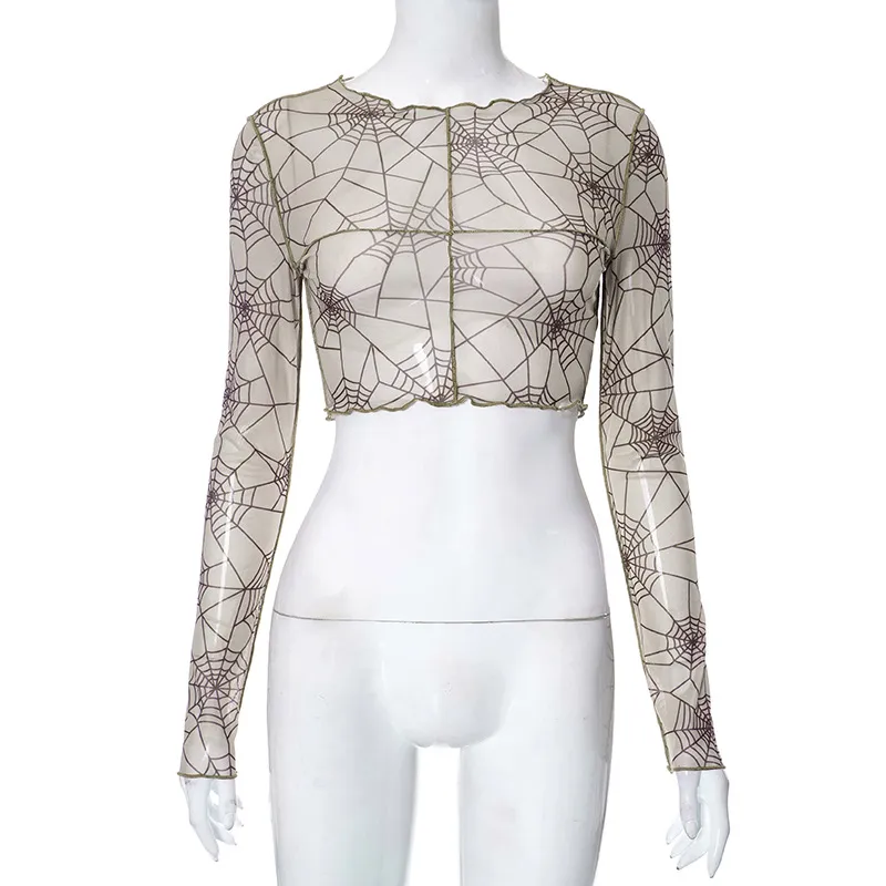 Autumn New Round Neck Pullover Mesh Floral Print Navel Top - Brown