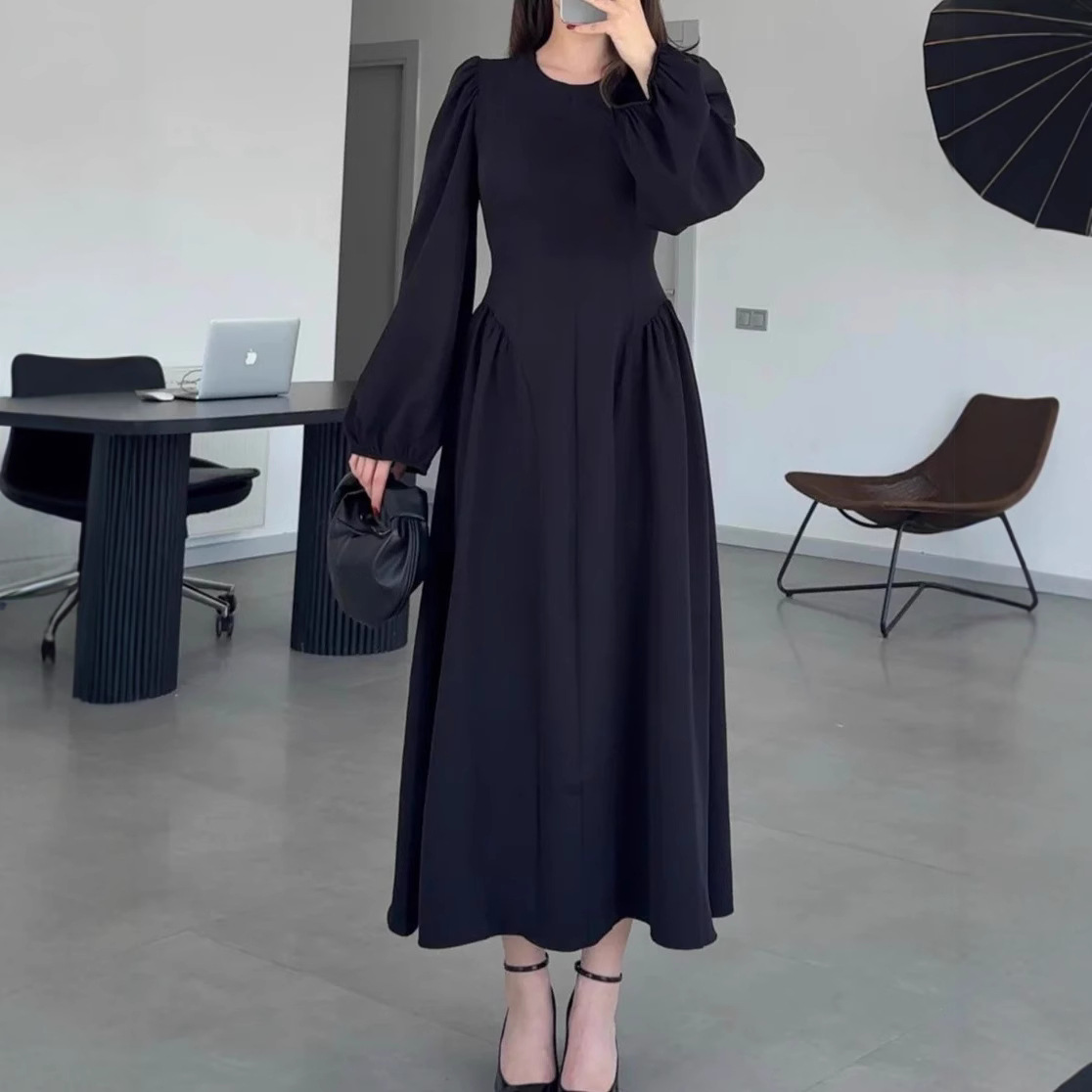 Long-sleeve Flared Waist-cinched Elegant Dress