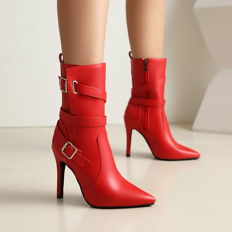 Pointed-toe Stiletto Ultra-high-heeled Leather Belt-strap Mid-calf Boots For Women