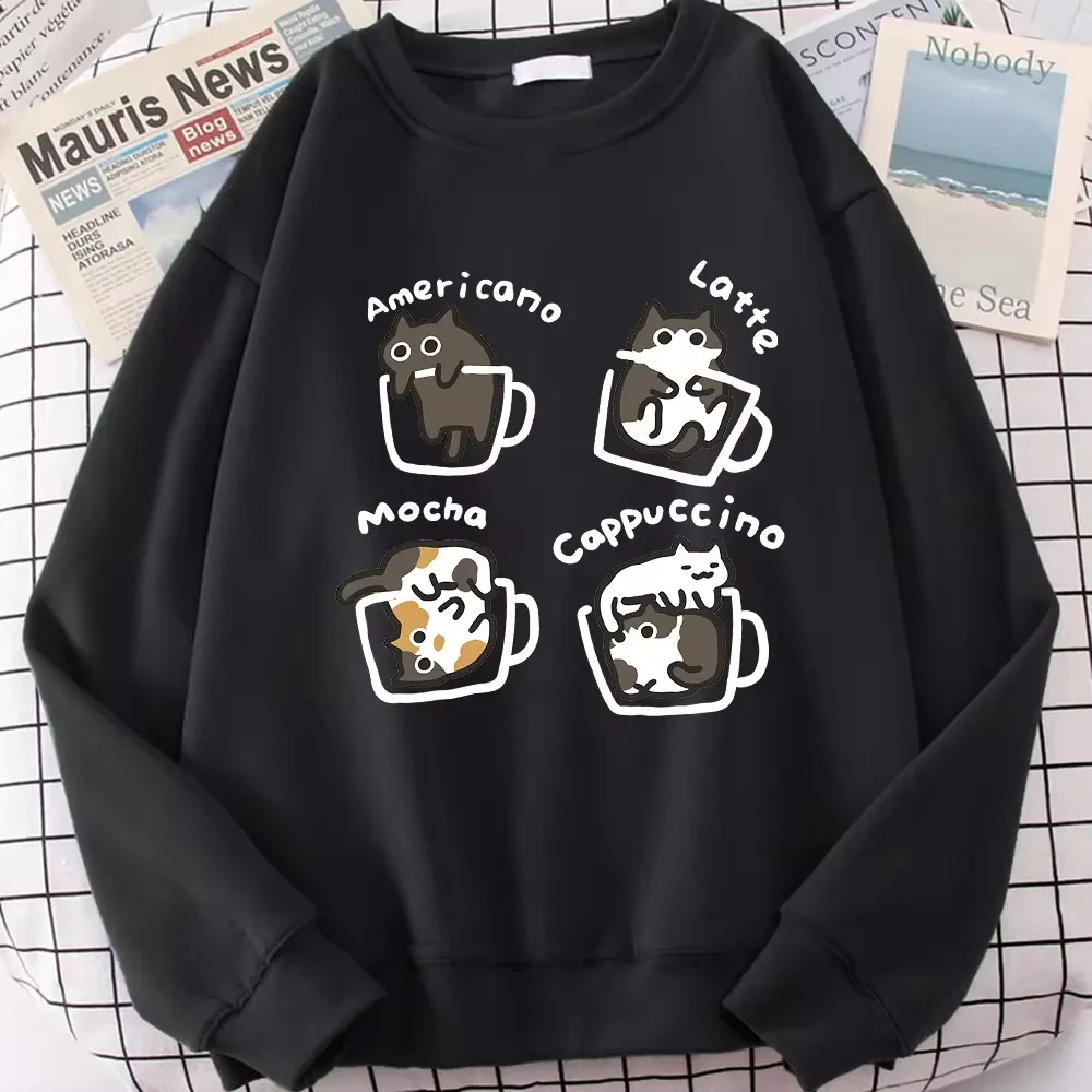 Coffee Cat Cute Personality Hoodie - Black