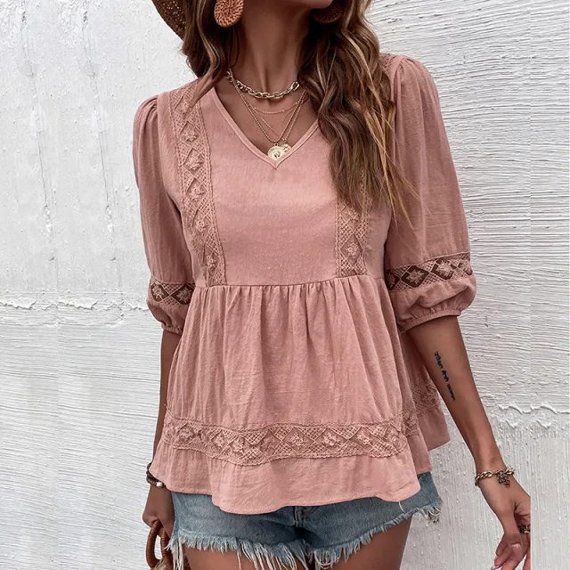 Half Sleeve Lace Pleated Stitching Doll Shirt Pink - Shop at LoveMi