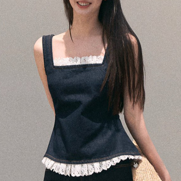 Denim Suspender Vest And Wide-leg Pants Resort-style Set