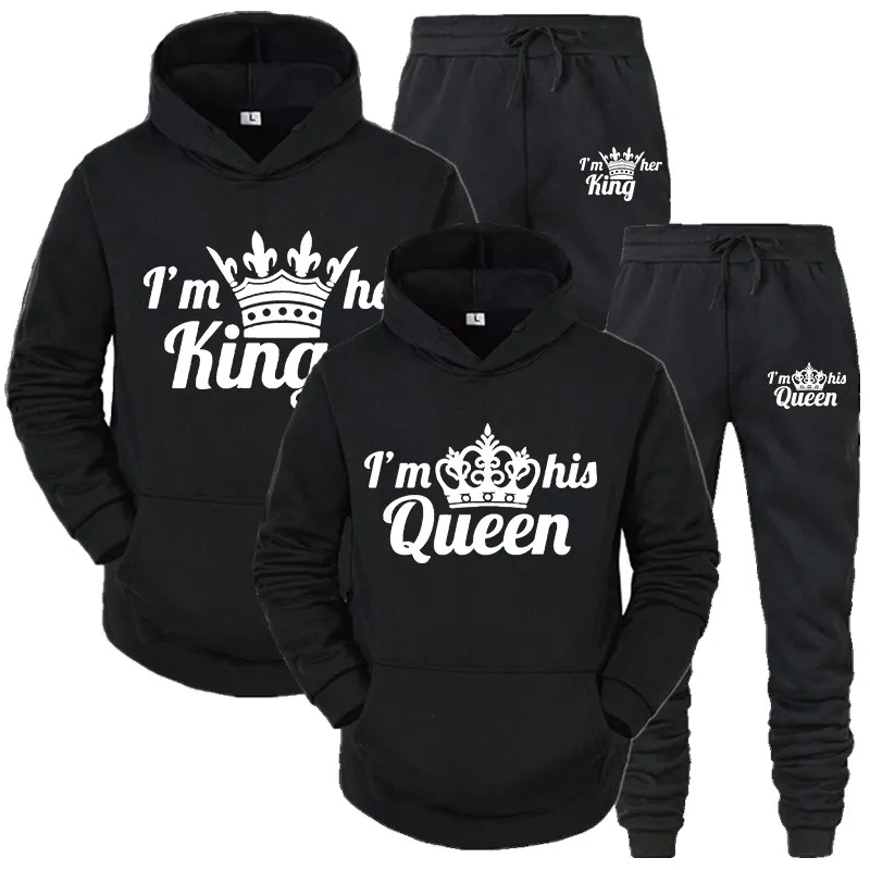 KING QUEEN Mens And Womens Casual Sports Sweatpants Two-Piece Set - Balck Set-M