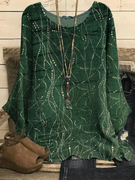 Women's Loose Solid Color Printing Round Neck Long Sleeve Dark Green - Shop at LoveMi