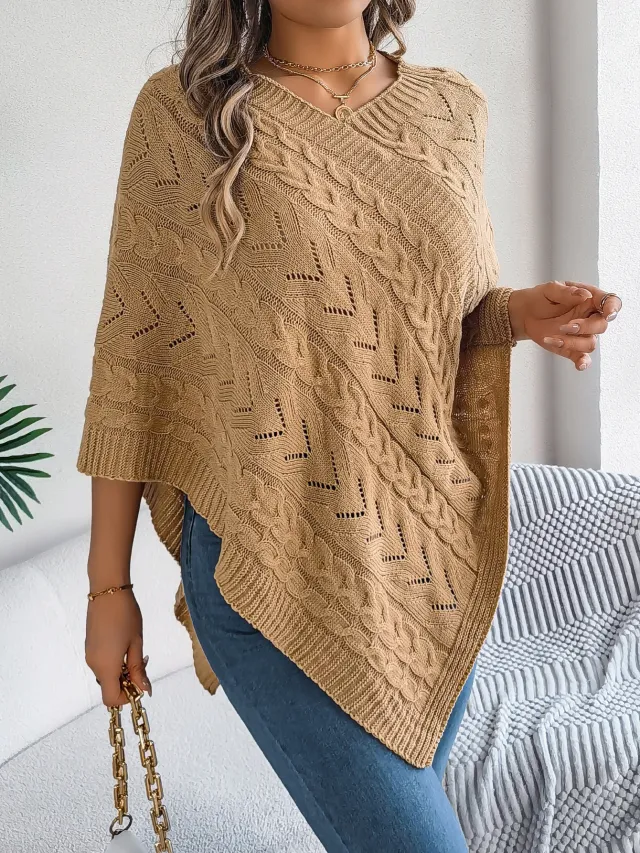 Cable Loose fitting Cloak Sweater Coat Women's Clothing Khaki - Shop at LoveMi