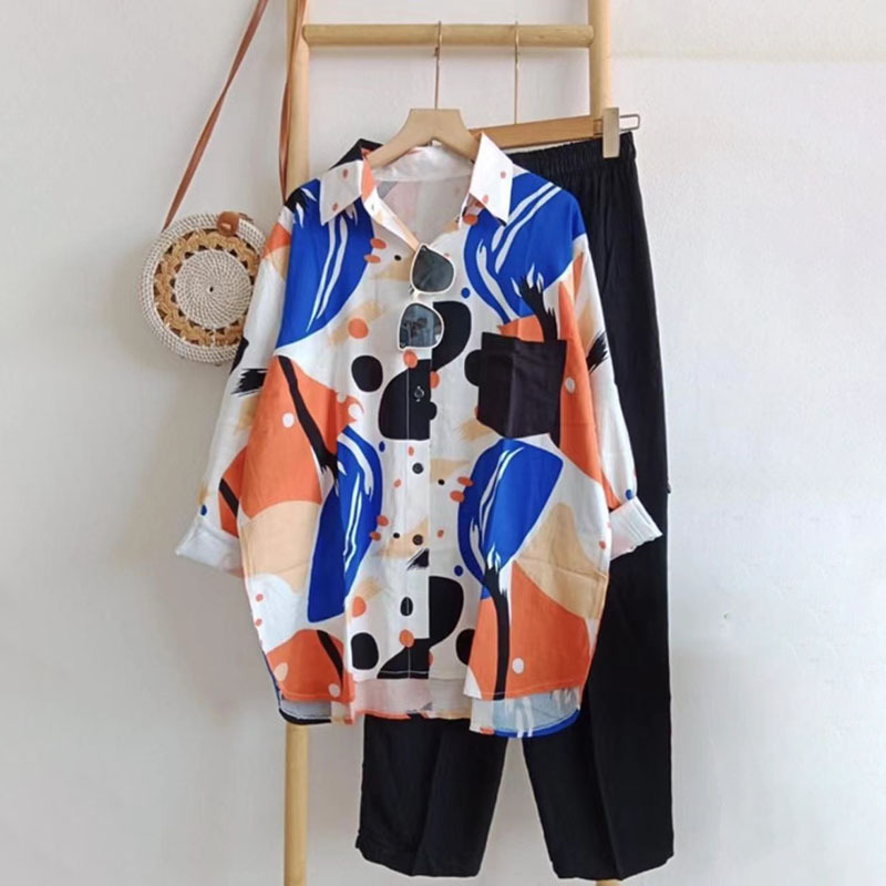 Oversized Loose-fitting Pattern Print Lapel Cardigan Suit - Image 2