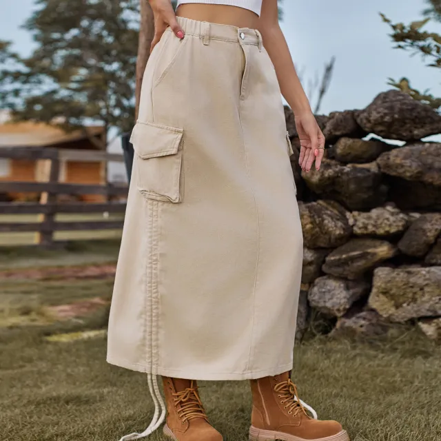 American style Denim Casual Midi Skirt Light Khaki - Shop at LoveMi