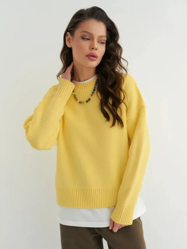 Relaxed Laid back Short Knit Long sleeve Crewneck Pullover Yellow - Shop at LoveMi