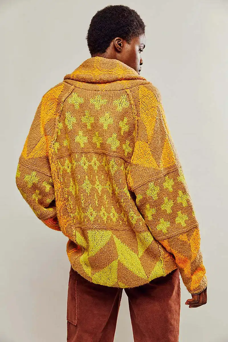 Abstract Print Turn-Neck Loose-Fit Long-Sleeve Knitted Sweater For Women
