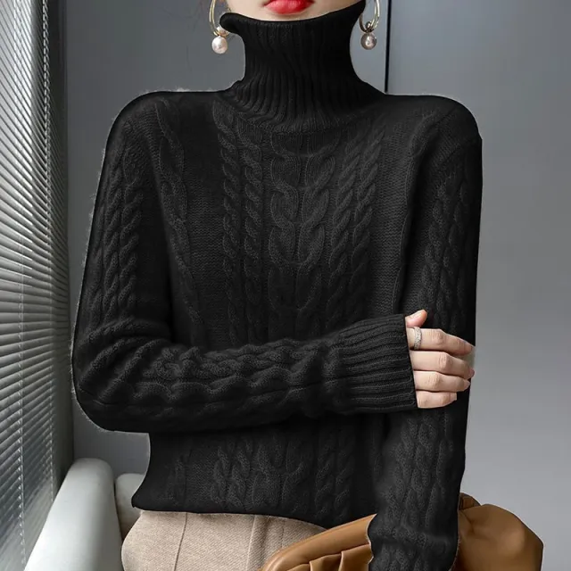 Thickened Turtleneck Slim Fit Cable knit Sweater Vintage Sweater Black - Shop at LoveMi