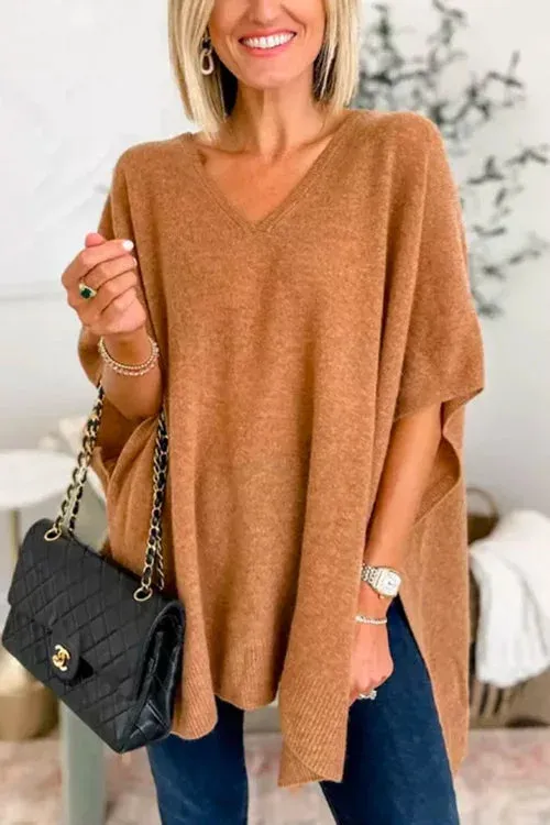 Cloak Cover V-neck Loose Sweater Top - Camel