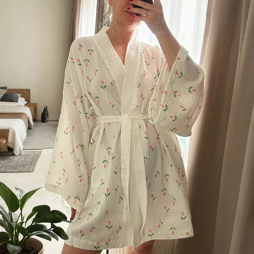 AutumnWinter Tulip-Print Long-Sleeve NightgownBathrobe